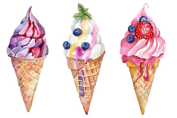 Watercolor painting realistic set of ice creams in cups with whipped cream on white background. Clipping path included.