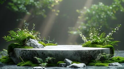 Stone podium with plants in the blurred green forest cosmetic product background AI generated
