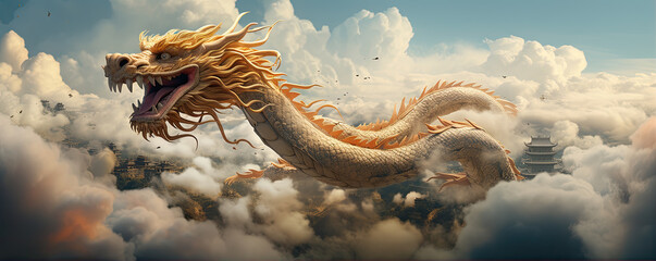 Fiery orange dragon amidst mystical clouds