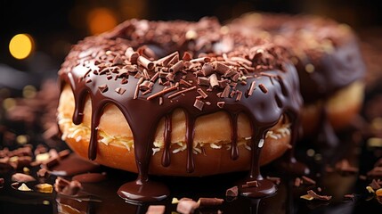 Closeup sweet donuts filled with melted chocolate and sprinkles with a blurred background