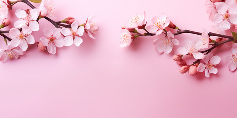 Fototapeta na wymiar Beautiful sakura cherry flowers isolated on pink background, delicate springtime design, copy space