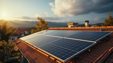 Solar panels on house roof harnessing sunlight for energy - obrazy, fototapety, plakaty