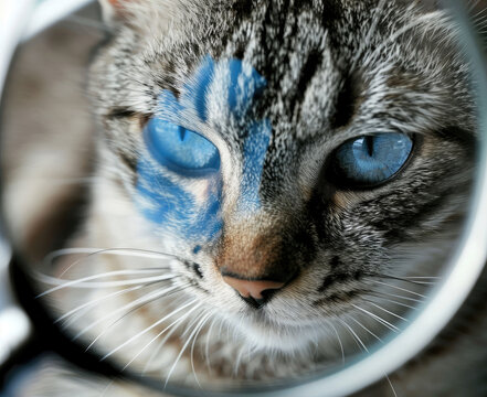 A cats face is reflected in the magnifying glass, with blue eyes and gray stripes the lens to capture its reflection