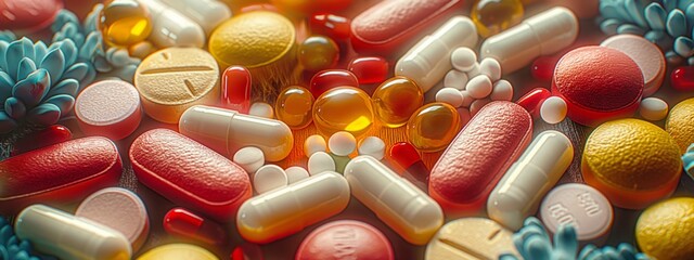 Pharmacy background. Vibrant vitamins and pills scattered on the table, close-up. Medicine and healthy. - obrazy, fototapety, plakaty