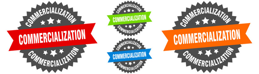 commercialization sign. round ribbon label set. Seal
