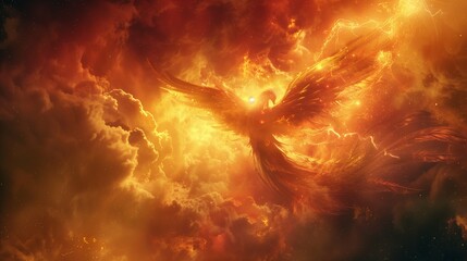 A mythical phoenix rising from the ashes, its feathers ablaze with vibrant hues of orange, red, and gold, as it spreads its majestic wings against a backdrop of swirling cosmic clouds.

