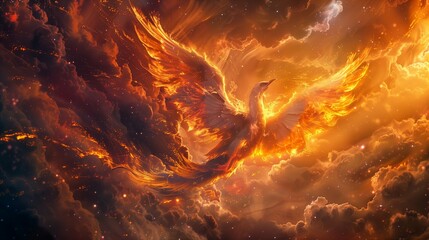 A mythical phoenix rising from the ashes, its feathers ablaze with vibrant hues of orange, red, and gold, as it spreads its majestic wings against a backdrop of swirling cosmic clouds.

 - obrazy, fototapety, plakaty