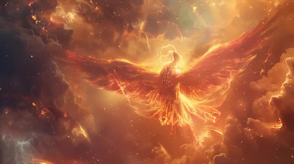 Fotobehang A mythical phoenix rising from the ashes, its feathers ablaze with vibrant hues of orange, red, and gold, as it spreads its majestic wings against a backdrop of swirling cosmic clouds.   © Fatima
