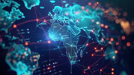 Abstract world map, concept of global network and connectivity, international data transfer and cyber technology, worldwide business, information exchange and telecommunication. Maps for business - obrazy, fototapety, plakaty