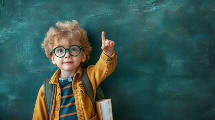 Back to school. Funny little boy in glasses pointing up on blackboard. Child from elementary school with book and bag. Education ai generated - obrazy, fototapety, plakaty