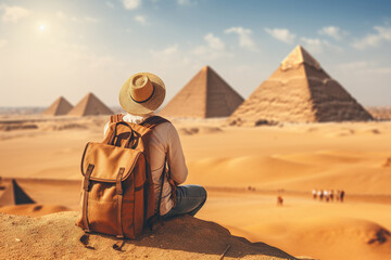 A solitary explorer traveller sitting with a backpack, gazing at the ancient Pyramids of Egypt under the bright desert sun.