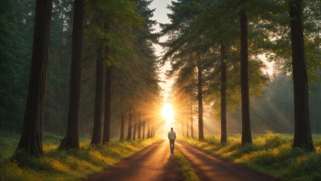 Man walking in the forest, Magnificent landscape, nature and forest image.