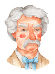 Watercolor cartoon portrait of American writer Mark Twain isolated on white background. Hand-drawn children's author of Tom Sawyer