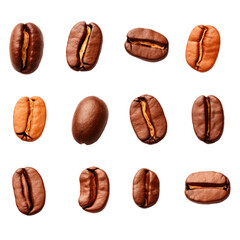 Set of fresh roasted coffee beans. Isolated on transparent background.