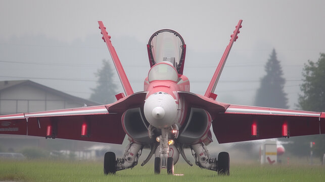 A red fighter jet sits on a foggy runway