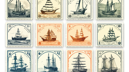 Vintage Nautical Postage Stamps Flat vector - obrazy, fototapety, plakaty