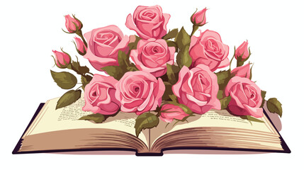 Vintage Open Book with Pink Roses Flat vector 