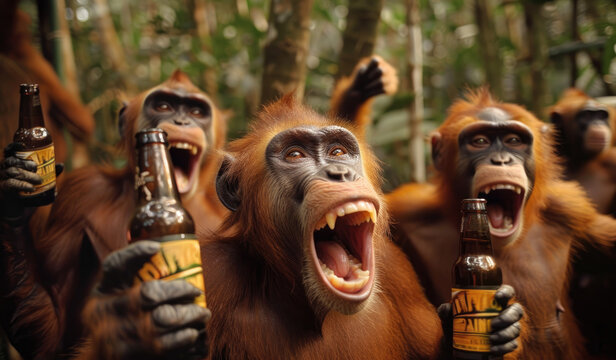 A group of happy monkeys holding beer bottles in their hands, they all have wide open mouths and surprised looks on their faces