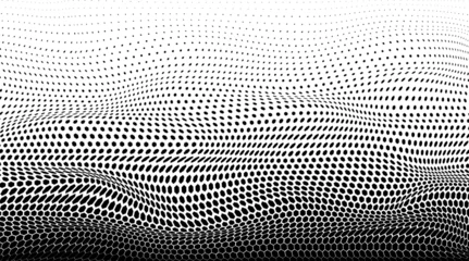 Foto op Plexiglas Wavy half tone optical effect. Spotted texture. Abstract background with dots. Halftone dot pattern. Black white banner. Futuristic pop art print. Monochrome vector illustration. © Iryna