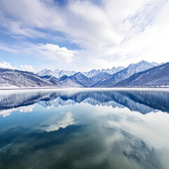 Beautiful winter landscape with snowy mountains reflected in the calm lake.