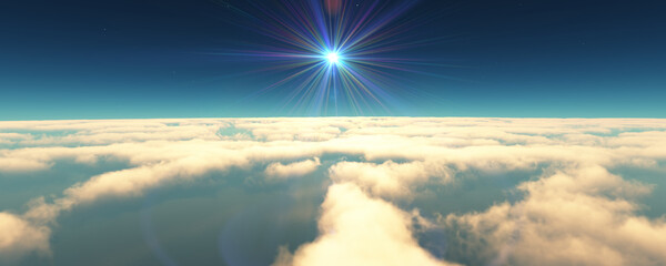 fly above clouds sunset landscape 3d render