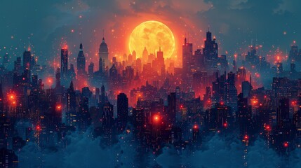 Clouds drift past the full moon hanging over a city skyline at dusk - obrazy, fototapety, plakaty