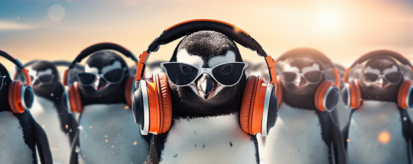 Penguins with headphones enjoying music in snow