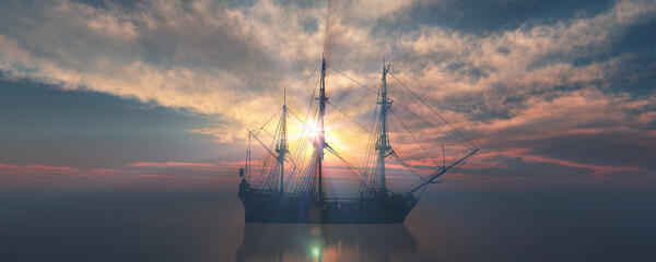 old ship sunset at sea 3d rendering - obrazy, fototapety, plakaty