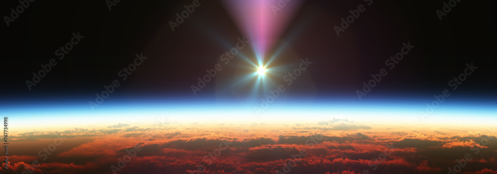 Wall mural earth sunrise from space over cloudy ocean. 3d rendering