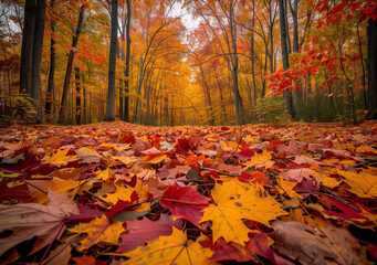 A carpet of fallen maple leaves in various shades of red, orange, and yellow, covering the forest floor in autumn.