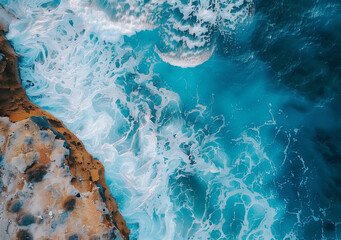 Obraz premium Coastal Majesty: Aerial View of Ocean Blue Waves Crashing on Shoreline Rocks