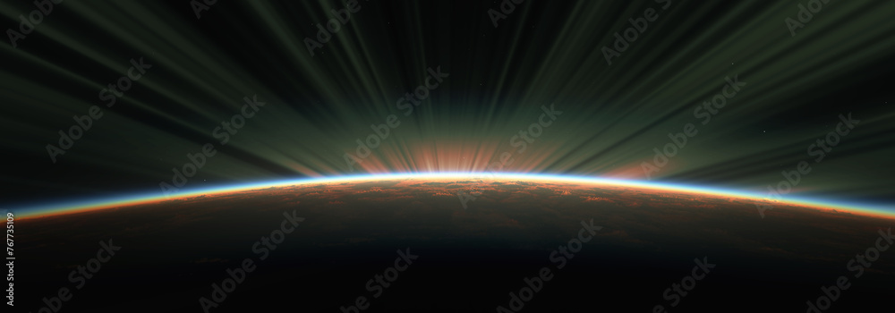 Sticker sunrise from space aurora, 3d rendering