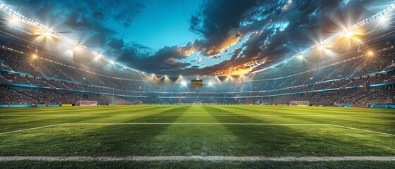 Football field shimmering under bright stadium lights, capturing the dynamic energy of the game in a panoramic view.