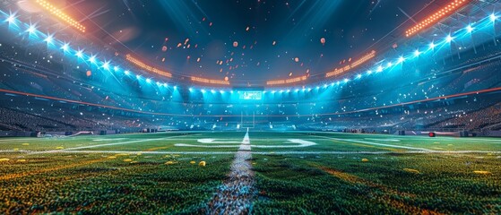 Football field shimmering under bright stadium lights, capturing the dynamic energy of the game in a panoramic view. - obrazy, fototapety, plakaty