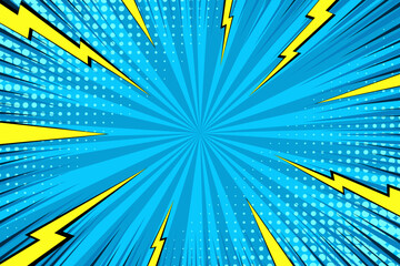 Blue pop art background with lightning. Halftone retro duotone banner. Comic starburst pattern. Cartoon print with points and beams. Vintage sunshine texture. Superhero sunburst backdrop. Vector illus
