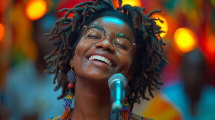 Happy music artist with dreadlocks smiling while performing into the microphone