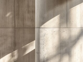 Wooden tree shadow falls on grey rectangle concrete wall