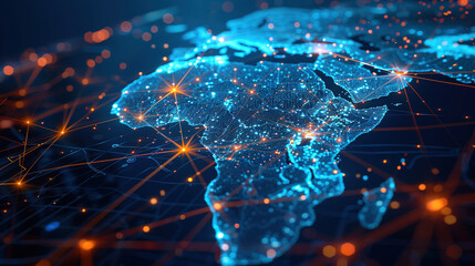 Digital map of Africa, concept of global network and connectivity, high speed data transfer and cyber technology, business exchange, information and telecommunication. Map for business - obrazy, fototapety, plakaty