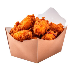 Spicy tried chicken in paper box. Isolated on transparent background.