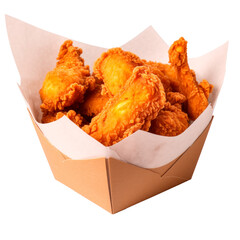 Spicy tried chicken in paper box. Isolated on transparent background.