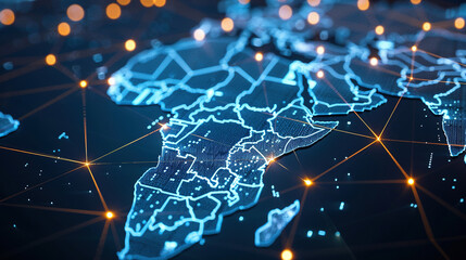 Digital map of Africa, concept of global network and connectivity, high speed data transfer and cyber technology, business exchange, information and telecommunication. Map for business