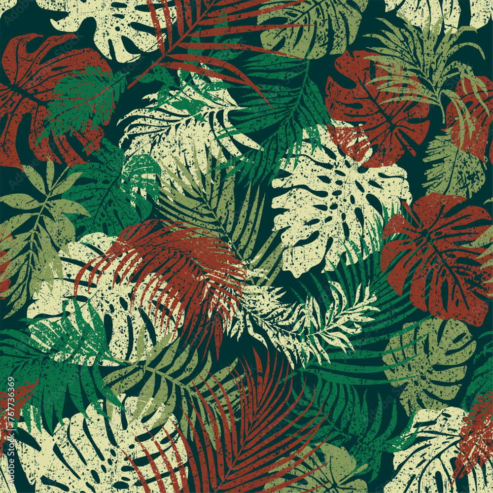 Wall mural tropical palm leaves foliage patchwork grunge wallpaper abstract vector seamless pattern for fabric 