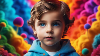 Portrait cute caucasian child looking at camera. Serious little boy on multicolor abstract background