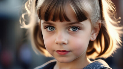 Fototapeta premium Portrait cute caucasian child looking at camera. Serious little kid girl on sunny abctract background in light