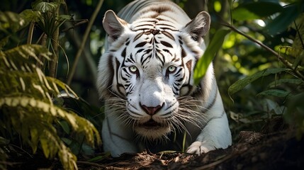 Close up portrait of a white tiger, blurred out forest background banner wallpaper HD, sunlight 