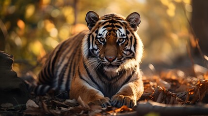 Close up portrait of a tiger, blurred out forest background banner wallpaper HD