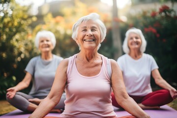 senior ladies, grandmas, doing yoga exercises, old age, ageing, healthy lifestyle
