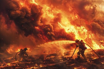 A group of firefighters in full gear standing in front of a huge fire, battling the raging inferno with determination and teamwork. Generative AI - obrazy, fototapety, plakaty