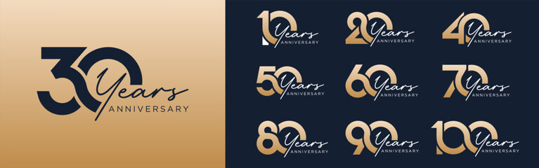 collection of 10 to 100th anniversary logotype design, with golden color for celebration event, wedding, greeting card, and invitation, vector illustration