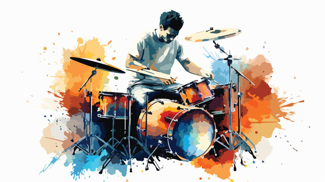 Watercolour Drummer Flat vector isolated on white background